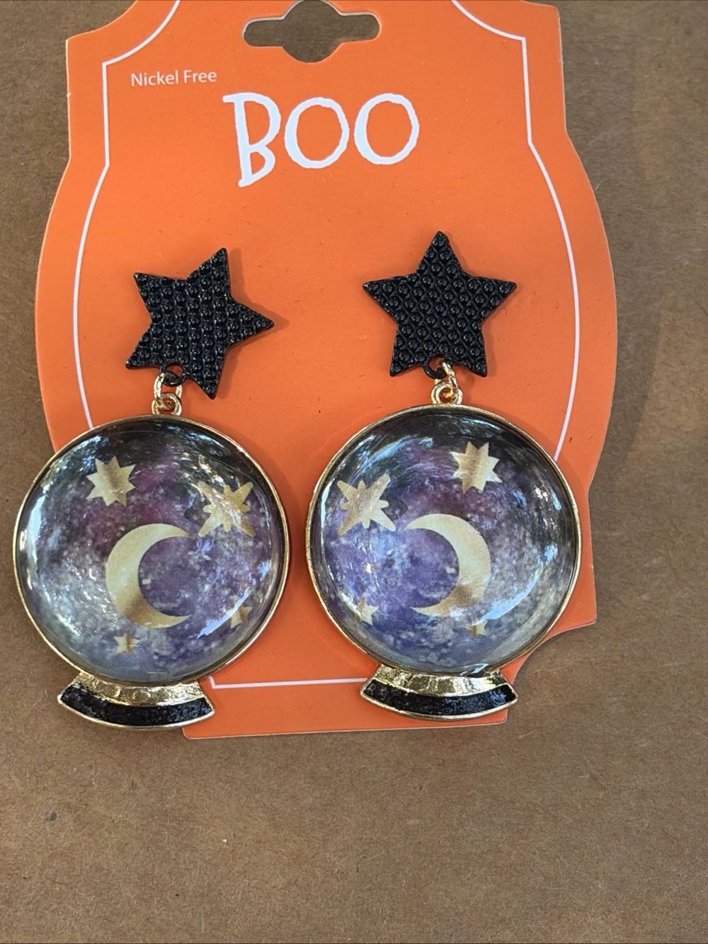 Gold Moon & Star Globe Dangle Earrings - Black Star Boo